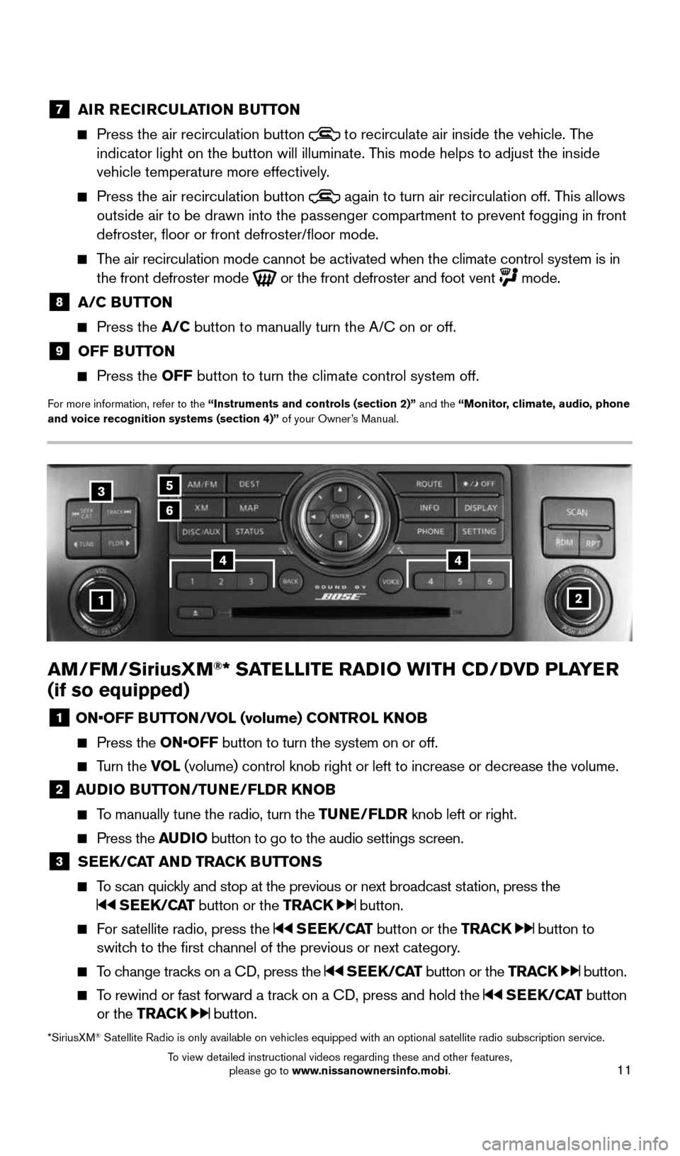 NISSAN ARMADA 2015 1.G Quick Reference Guide 11
AM/FM/SiriusXM®* SATELLITE RADIO WITH CD/DVD PLAYER  
(if so equipped)
1  ON•OFF BUTTON/VOL (volume) CONTROL KNOB
  
  Press the ON•OFF button to turn the system on or off. 
  
  Turn the VOL 