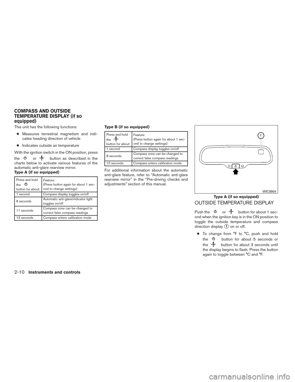 NISSAN FRONTIER 2015 D23 / 3.G Owners Manual This unit has the following functions:● Measures terrestrial magnetism and indi-
cates heading direction of vehicle
● Indicates outside air temperature
With the ignition switch in the ON position, NISSAN FRONTIER 2015 D23 / 3.G Owners Manual This unit has the following functions:● Measures terrestrial magnetism and indi-
cates heading direction of vehicle
● Indicates outside air temperature
With the ignition switch in the ON position,