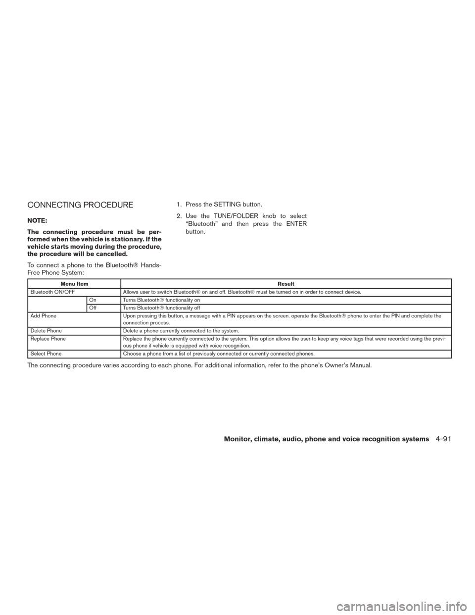 NISSAN FRONTIER 2015 D23 / 3.G Owners Manual CONNECTING PROCEDURE
NOTE:
The connecting procedure must be per-
formed when the vehicle is stationary. If the
vehicle starts moving during the procedure,
the procedure will be cancelled.
To connect a NISSAN FRONTIER 2015 D23 / 3.G Owners Manual CONNECTING PROCEDURE
NOTE:
The connecting procedure must be per-
formed when the vehicle is stationary. If the
vehicle starts moving during the procedure,
the procedure will be cancelled.
To connect a