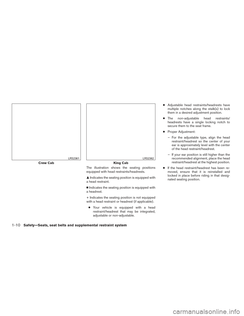 NISSAN FRONTIER 2015 D23 / 3.G Owners Manual The illustration shows the seating positions
equipped with head restraints/headrests.
Indicates the seating position is equipped with
a head restraint.
 Indicates the seating position is equipped wi