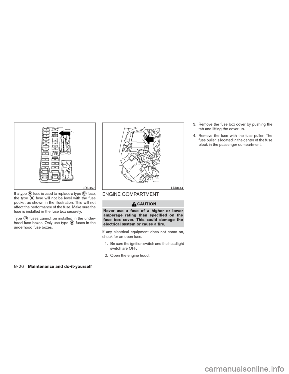 NISSAN FRONTIER 2015 D23 / 3.G Service Manual If a typeAfuse is used to replace a typeBfuse,
the type
Afuse will not be level with the fuse
pocket as shown in the illustration. This will not
affect the performance of the fuse. Make sure the
fu