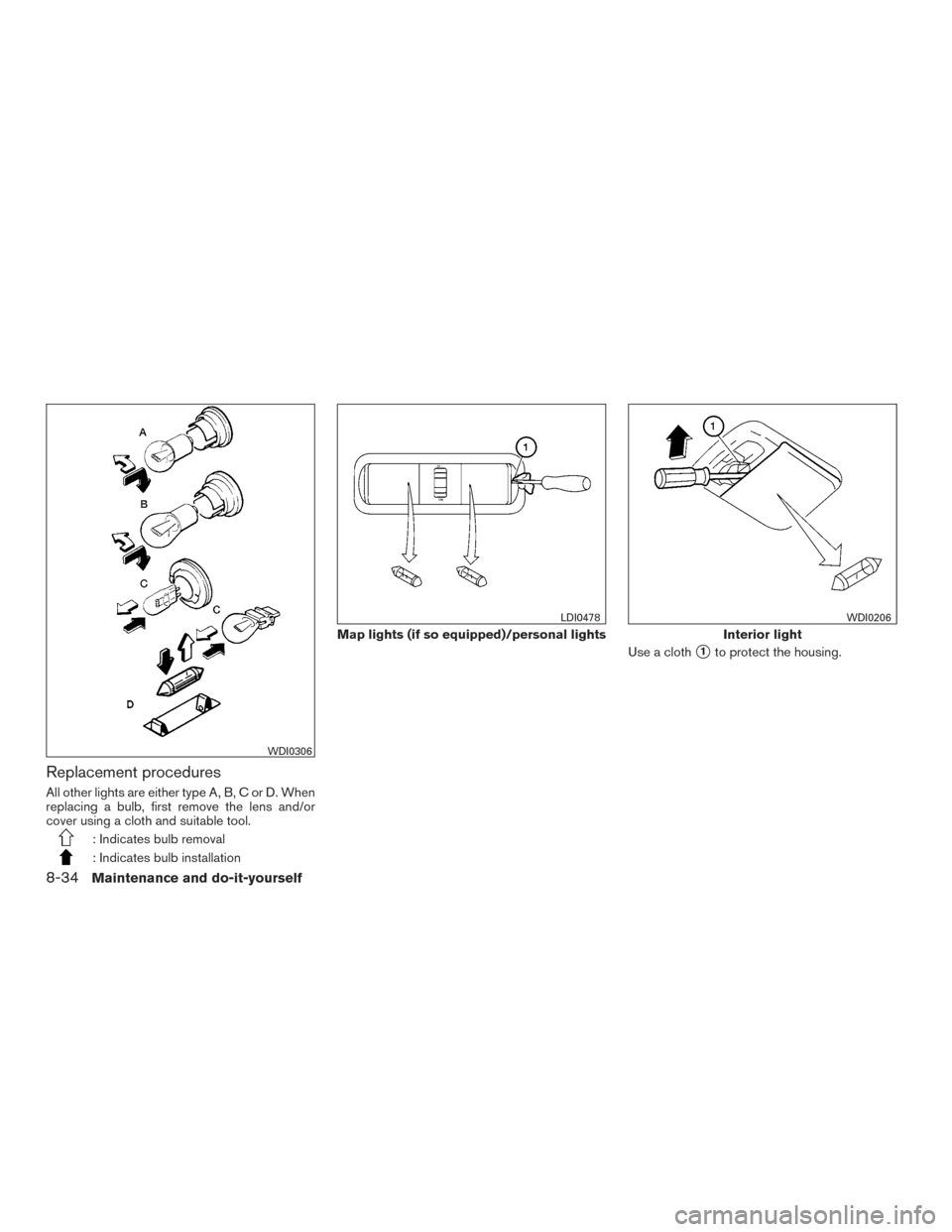 NISSAN FRONTIER 2015 D23 / 3.G Owners Manual Replacement procedures
All other lights are either type A, B, C or D. When
replacing a bulb, first remove the lens and/or
cover using a cloth and suitable tool.
: Indicates bulb removal
: Indicates bu