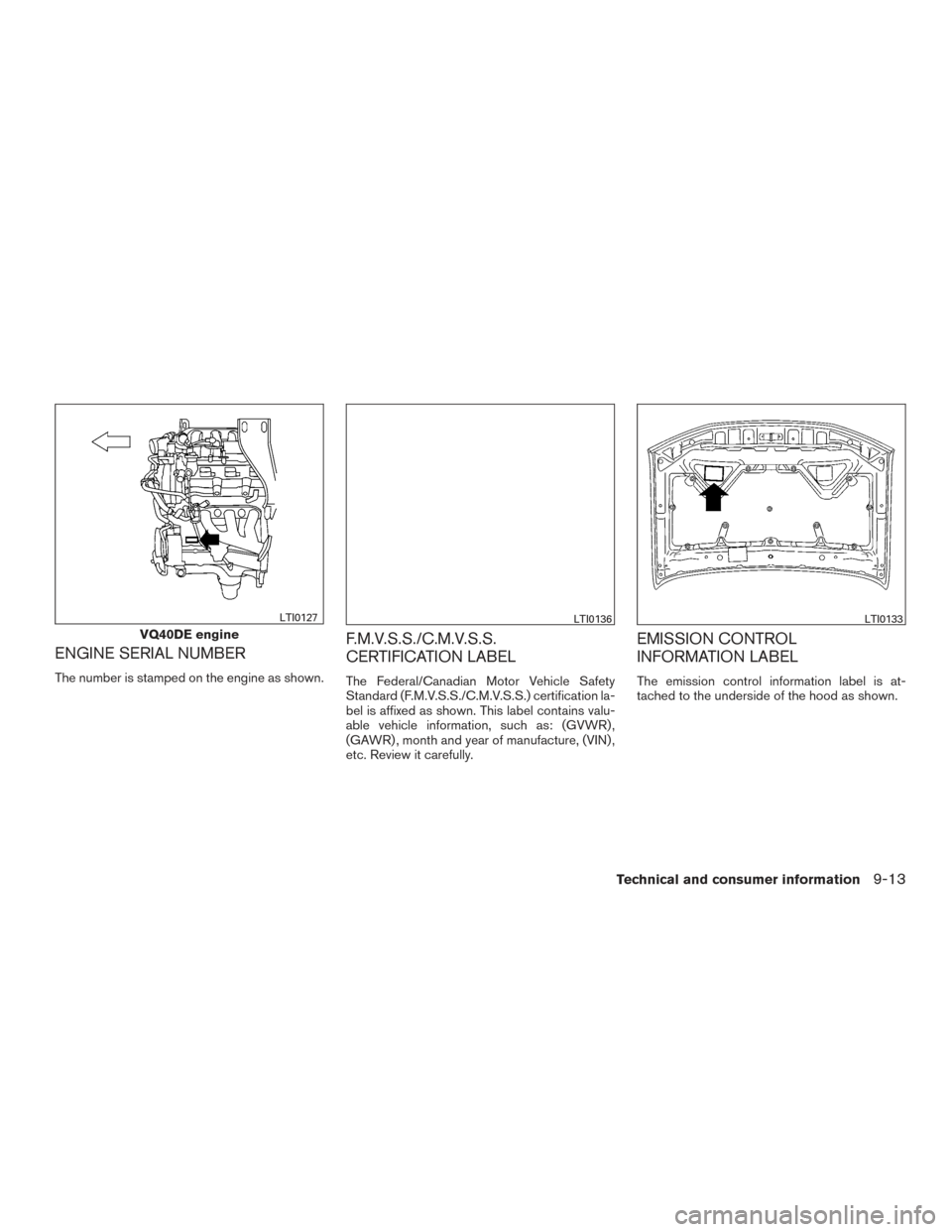 NISSAN FRONTIER 2015 D23 / 3.G Owners Manual ENGINE SERIAL NUMBER
The number is stamped on the engine as shown.
F.M.V.S.S./C.M.V.S.S.
CERTIFICATION LABEL
The Federal/Canadian Motor Vehicle Safety
Standard (F.M.V.S.S./C.M.V.S.S.) certification la NISSAN FRONTIER 2015 D23 / 3.G Owners Manual ENGINE SERIAL NUMBER
The number is stamped on the engine as shown.
F.M.V.S.S./C.M.V.S.S.
CERTIFICATION LABEL
The Federal/Canadian Motor Vehicle Safety
Standard (F.M.V.S.S./C.M.V.S.S.) certification la