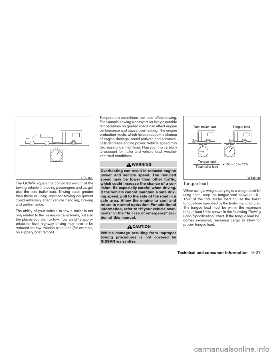 NISSAN FRONTIER 2015 D23 / 3.G User Guide The GCWR equals the combined weight of the
towing vehicle (including passengers and cargo)
plus the total trailer load. Towing loads greater
than these or using improper towing equipment
could adverse