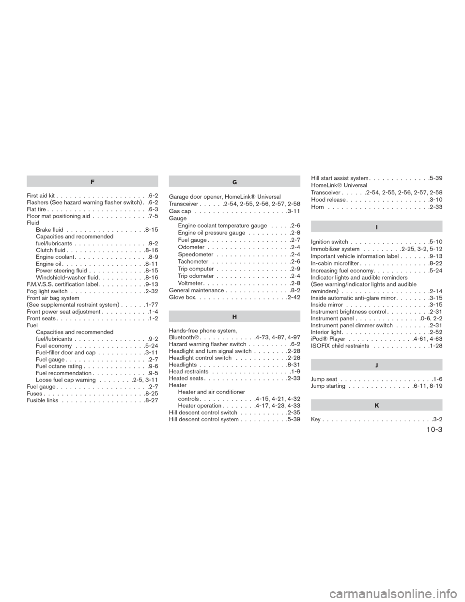 NISSAN FRONTIER 2015 D23 / 3.G Repair Manual F
First aid kit .....................6-2
Flashers (See hazard warning flasher switch) . .6-2
Flat tire .......................6-3
Floor mat positioning aid .............7-5
Fluid Brake fluid .........