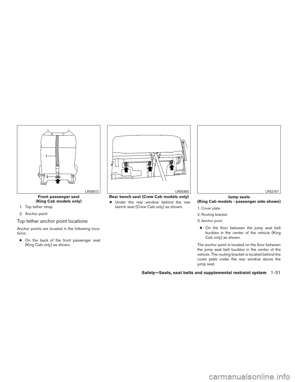 NISSAN FRONTIER 2015 D23 / 3.G Workshop Manual 1. Top tether strap
2. Anchor point
Top tether anchor point locations
Anchor points are located in the following loca-
tions:● On the back of the front passenger seat
(King Cab only) as shown. ●
U NISSAN FRONTIER 2015 D23 / 3.G Workshop Manual 1. Top tether strap
2. Anchor point
Top tether anchor point locations
Anchor points are located in the following loca-
tions:● On the back of the front passenger seat
(King Cab only) as shown. ●
U