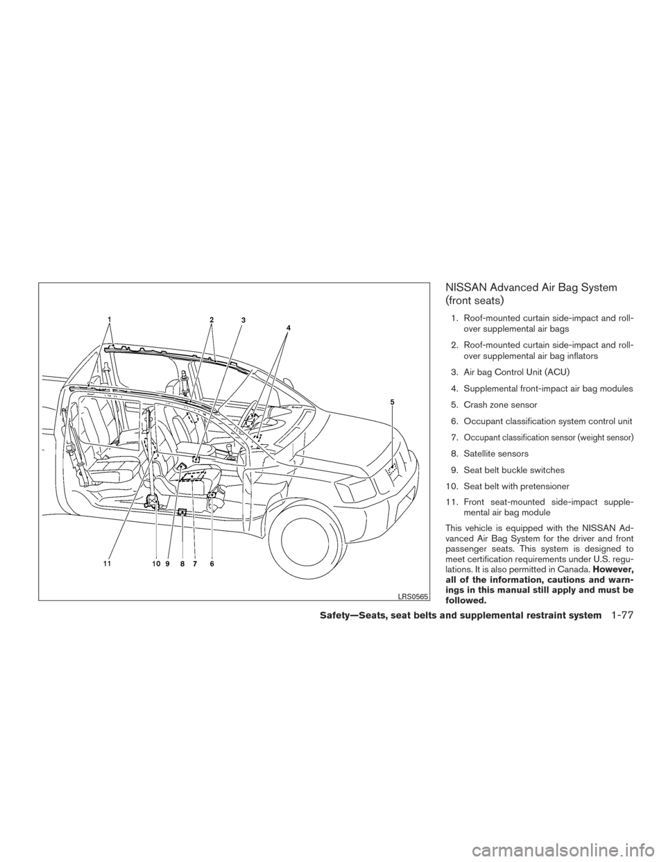 NISSAN FRONTIER 2015 D23 / 3.G Owners Manual NISSAN Advanced Air Bag System
(front seats)
1. Roof-mounted curtain side-impact and roll-over supplemental air bags
2. Roof-mounted curtain side-impact and roll- over supplemental air bag inflators
3