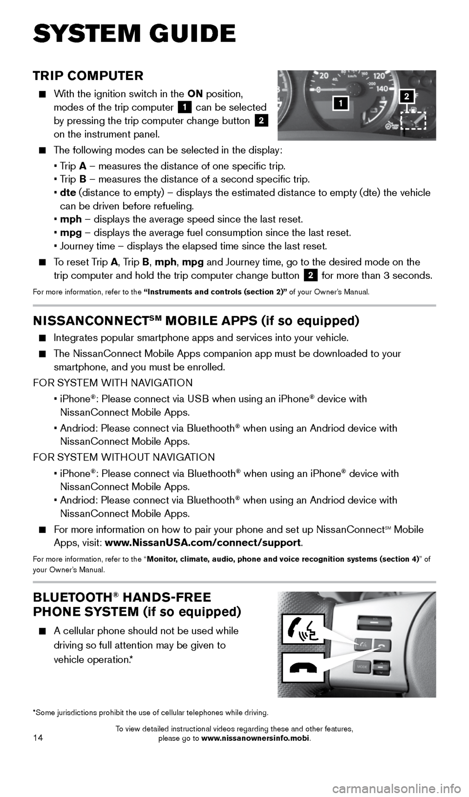NISSAN FRONTIER 2015 D23 / 3.G Quick Reference Guide 14
TRIP COMPUTER 
    With the ignition switch in the ON position, 
modes of the trip computer
 1 can be selected 
by pressing the trip computer change button  2 
on the instrument panel.
 
  The foll