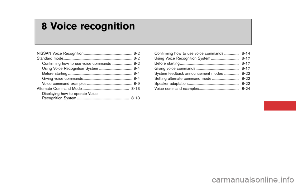 NISSAN GT-R 2015 R35 Multi Function Display Owners Manual 8 Voice recognition
NISSAN Voice Recognition .................................................... 8-2
Standard mode........................................................................\
... 8-2Conf