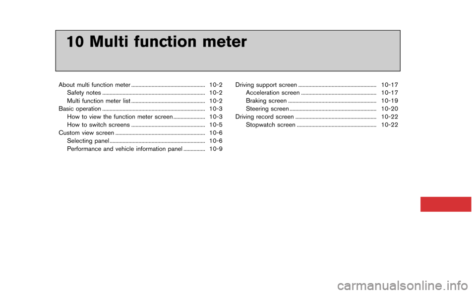 NISSAN GT-R 2015 R35 Multi Function Display Owners Manual 10 Multi function meter
About multi function meter ................................................... 10-2Safety notes ....................................................................... 10-2
Mul