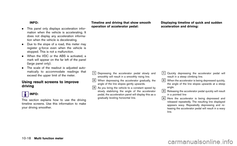 NISSAN GT-R 2015 R35 Multi Function Display Owners Manual 10-18Multi function meter
INFO:
. This panel only displays acceleration infor-
mation when the vehicle is accelerating. It
does not display any acceleration informa-
tion when the vehicle is decelerat