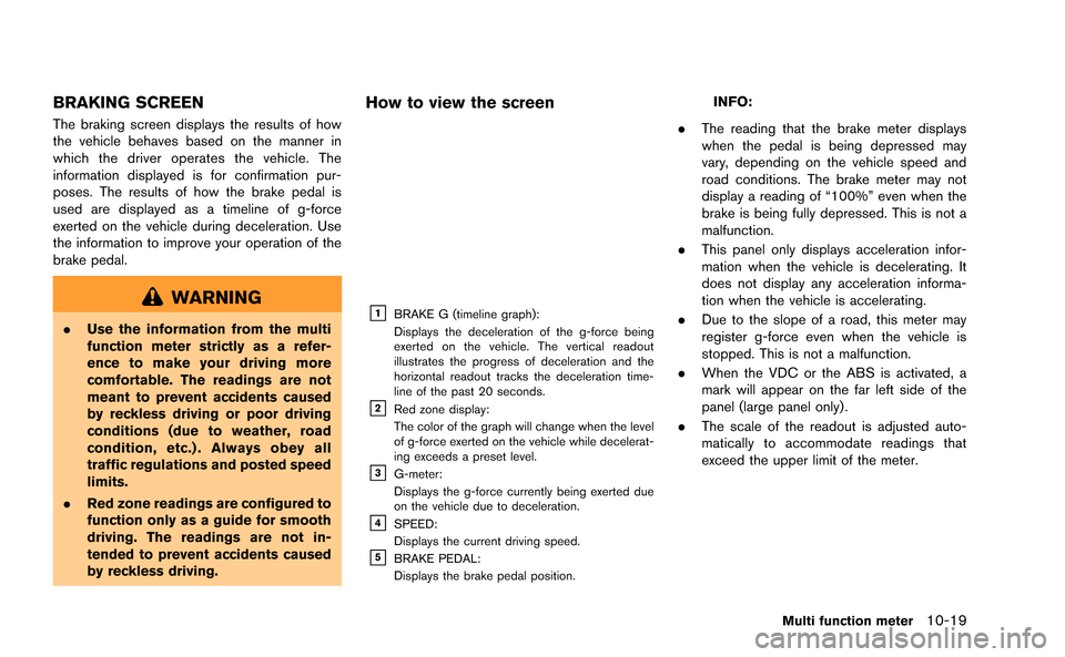 NISSAN GT-R 2015 R35 Multi Function Display Owners Manual BRAKING SCREEN
The braking screen displays the results of how
the vehicle behaves based on the manner in
which the driver operates the vehicle. The
information displayed is for confirmation pur-
poses