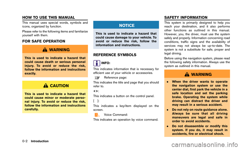 NISSAN GT-R 2015 R35 Multi Function Display Owners Manual 0-2Introduction
This manual uses special words, symbols and
icons, organized by function.
Please refer to the following items and familiarize
yourself with them.
FOR SAFE OPERATION
WARNING
This is use