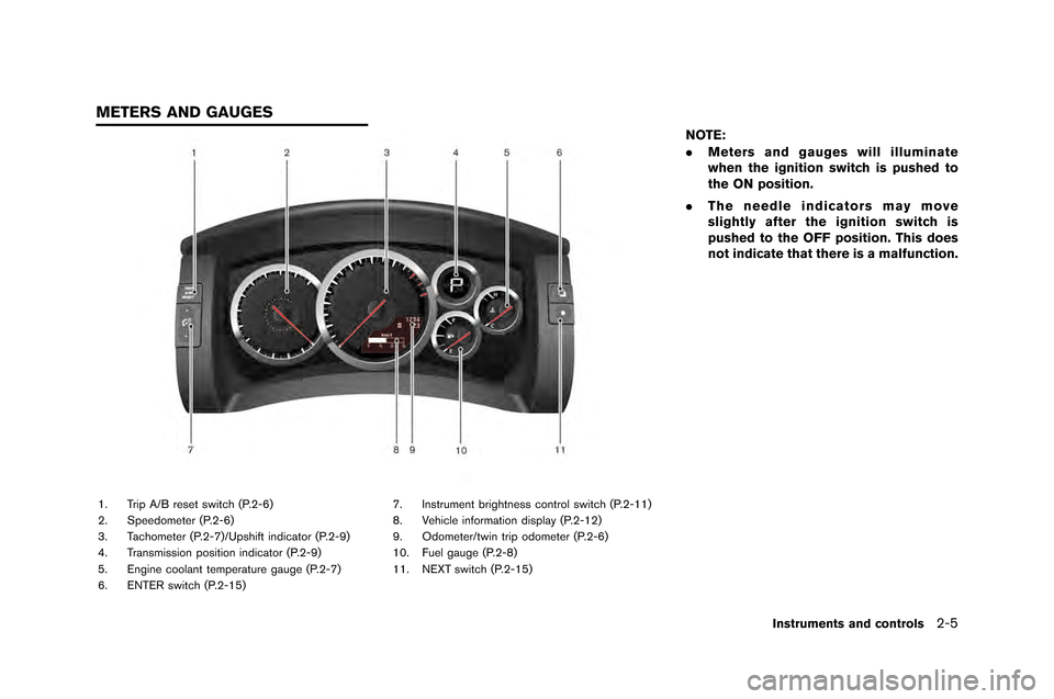 NISSAN GT-R 2015 R35 Owners Manual 1. Trip A/B reset switch (P.2-�f)
2. Speed�bmeter (P.2-�f)
3. Tach�bmeter (P.2-7)/Upshift indicat�br (P.2-9)
4. Transmissi�bn p�bsiti�bn indicat�br (P.2-9)
5. Engine c�b�blant te