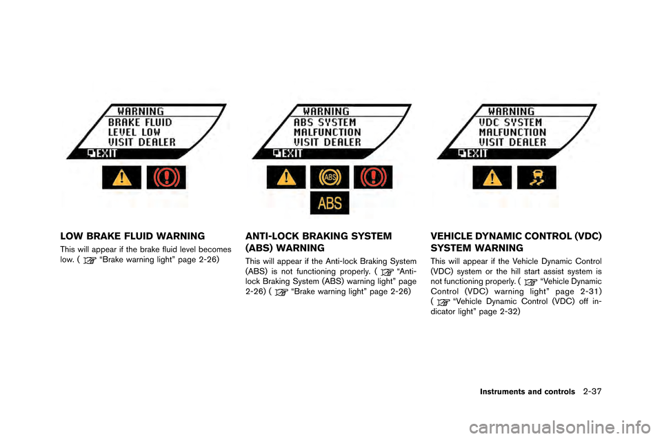 NISSAN GT-R 2015 R35 Owners Manual LOW BRAKE FLUID WARNING
This will appear if the brake fluid level beco\fes
low. (“\brake warning light” page 2-26)
ANTI-LOCK BRAKING SYSTEM
(ABS) WARNING
This will appear if the Anti-lock \braking