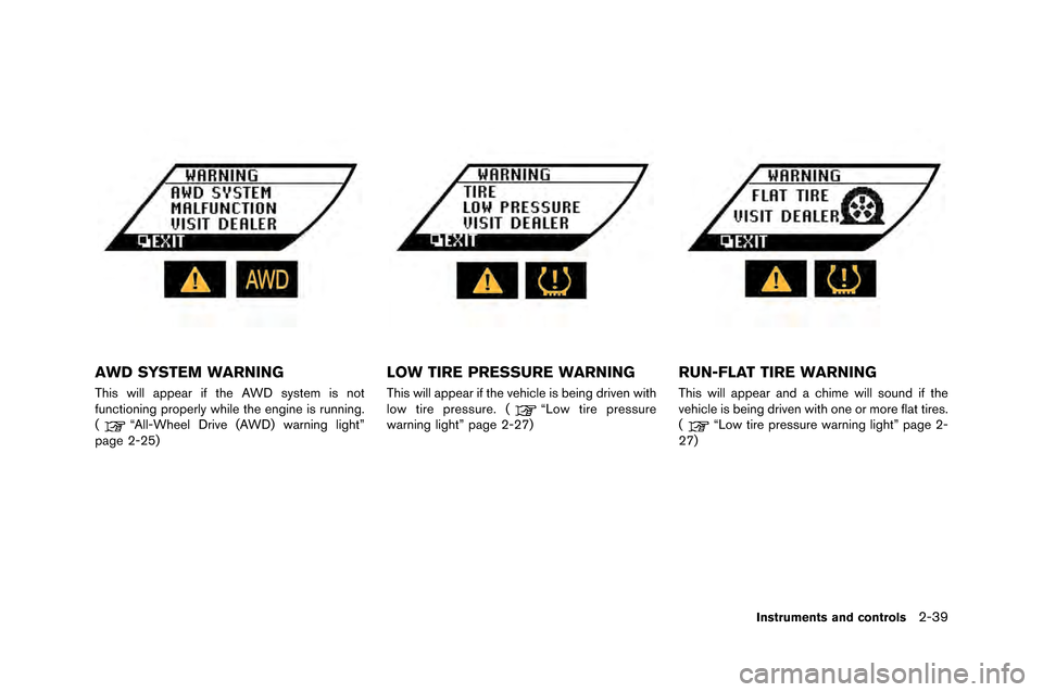 NISSAN GT-R 2015 R35 Owners Manual AWD SYSTEM WARNING
This will appear if the AWD system is not
f\fnctioning properly while the engine is r\fnning.
\b
“All-Wheel Drive \bAWD) warning light”
page 2-25)
LOW TIRE PRESSURE WARNING
This