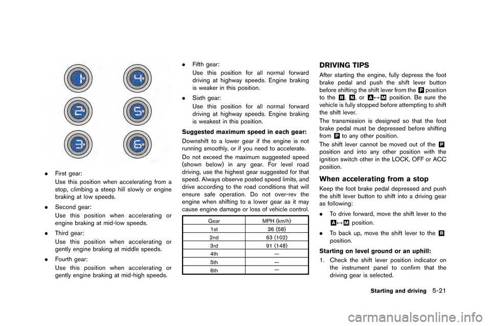NISSAN GT-R 2015 R35 Owners Manual .First gear:
Use this position when accelerating from a
stop�f climbing a steep hill slowly or engine
braking at low spee�bs.
. Secon�b gear:
Use this position when accelerating or
engine brakin