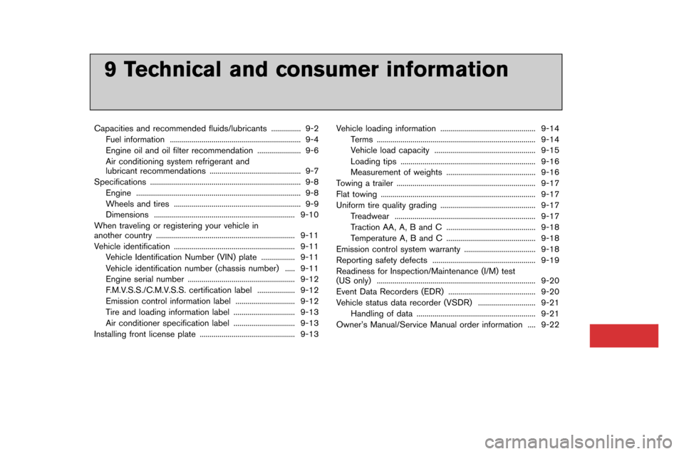 NISSAN GT-R 2015 R35 Owners Guide 9 Technical and consumer information
Capacities and recommended fluids/lubricants............... �f-2
Fuel information ....................................�............................... �f-�