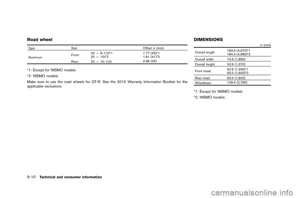 NISSAN GT-R 2015 R35 Owners Manual 9-10Technical and consumer information
Road wheel
TypeSize Offset in (mm)
�fluminum F�bont:
20
69-1/2J*1
20 610J*2 1.77 (45)*1
1.61 (41)*2
Rea�b: 20 610-1/2J 0.98 (25)
*1: Except fo�b NISMO mo