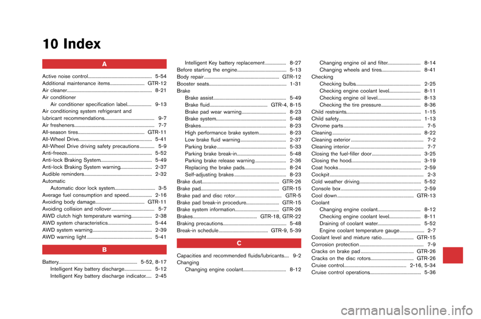 NISSAN GT-R 2015 R35 User Guide 10 Index
A
Active noise control..................�G..................�G................ 5-54
Additional maintenance items..................�G.......... G�fR-12
Air cleaner..................�