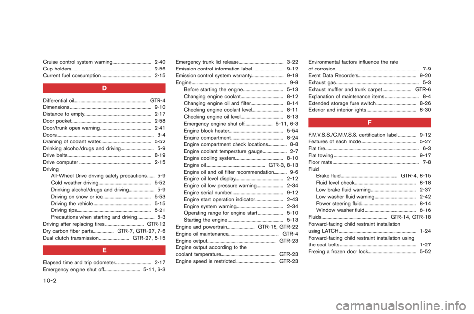 NISSAN GT-R 2015 R35 User Guide 10-2
Cruise control system warnin�f............�a..................�a.. 2-40
Cup �bolders..................�a..................�a.....................�a......... 2-56
Current fuel consum