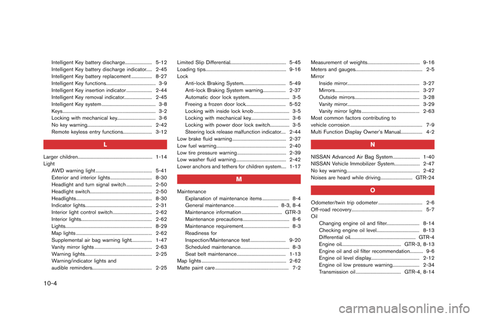 NISSAN GT-R 2015 R35 Service Manual 10-4
Intelligent Key battery disc�farge..................�c.... 5-12
Intelligent Key battery disc�farge indicat�br..... 2-45
Intelligent Key battery replacement ................. 8-27
Intellig