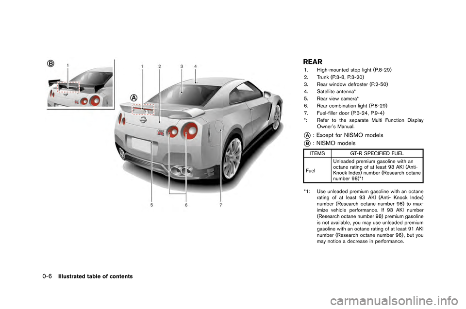 NISSAN GT-R 2015 R35 Service Manual 0-6Illustrated table of contents
REAR
1. High-mounted stop light �fP.8-2�b)
2. Trunk �fP.3-8, P.3-20)
3. Rear window defroster �fP.2-50)
4. Satellite antenna*
5. Rear view camera*
6. Rear comb