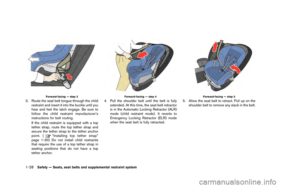 NISSAN GT-R 2015 R35 Owners Manual 1-28Safety — Seats, seat belts and supplemental restraint system
Forward-facing — step 3
3. Route the seat belt tongue through the �fhildrestraint and insert it into the bu�fkle until �bou
h