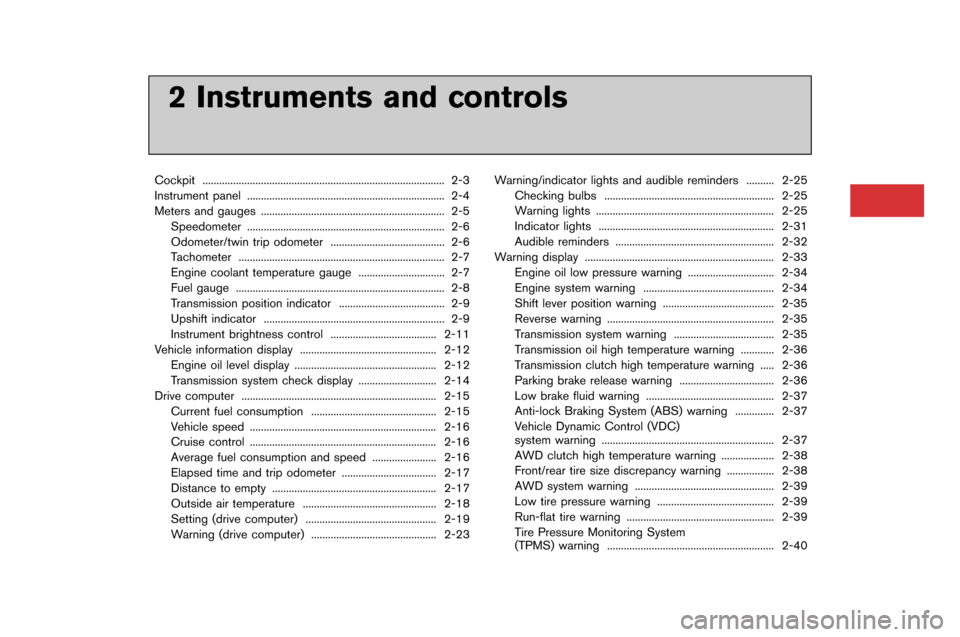 NISSAN GT-R 2015 R35 Owners Manual 2 Instruments and controls
Cockpit..................�a..................�a..................�a..................�a............... 2-3
Instrument pane�f ..................�a................