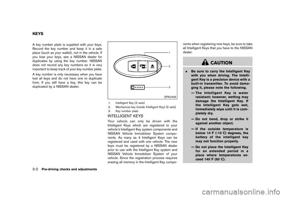 NISSAN JUKE 2015 F15 / 1.G Owners Manual  
������� 
�> �(�G�L�W� ����� ���� �0�R�G�H�O� �)�����@ 
3-2 
Pre-driv ingchecks andadjustment s 
GUID-F 7866A38-D9 62-41BD-9D0D-7935A4 B2CC6C 
A key number plateissupplied withy