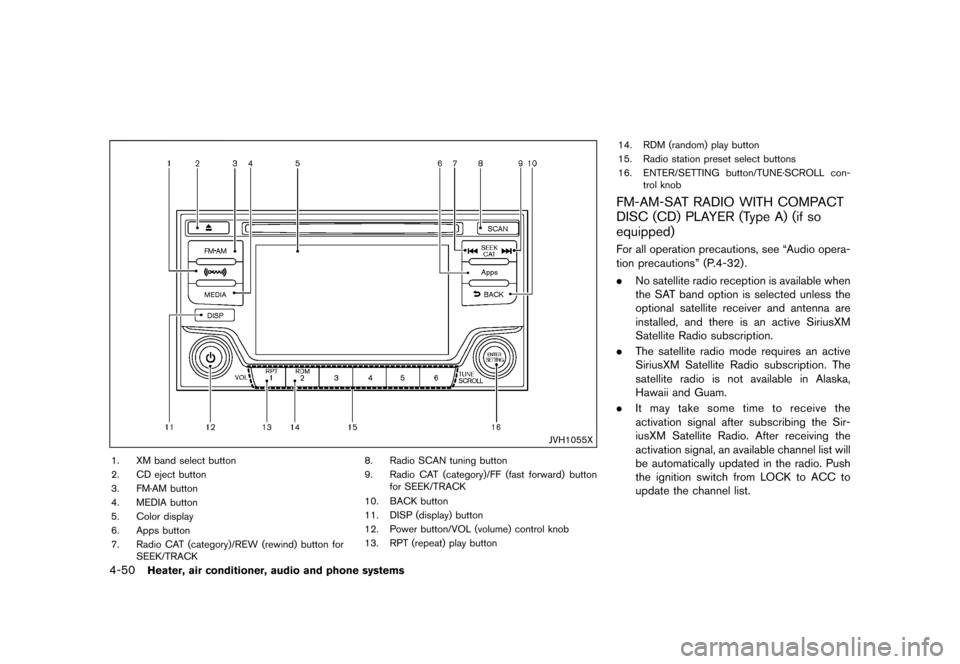 NISSAN JUKE 2015 F15 / 1.G Service Manual  
������� 
�> �(�G�L�W� ����� ���� �0�R�G�H�O� �)�����@ 
4-50 
Heater, airconditione r,audio andphone systems 
JVH1055X 
1. XMband select button
2. CDeject button
3. FM´AM butto