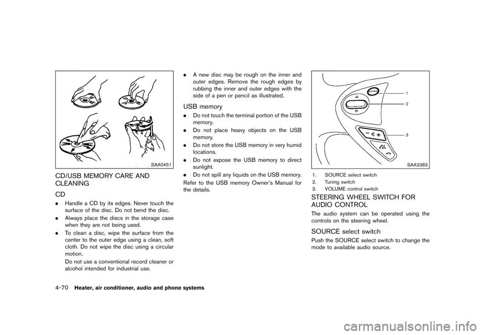NISSAN JUKE 2015 F15 / 1.G Owners Manual  
������� 
�> �(�G�L�W� ����� ���� �0�R�G�H�O� �)�����@ 
4-70 
Heater, airconditione r,audio andphone systems 
SAA0451 
CD/USB MEMORYCARE AND
CLEANING 
GUID-64 EAAC34-D3E 6-47F3-