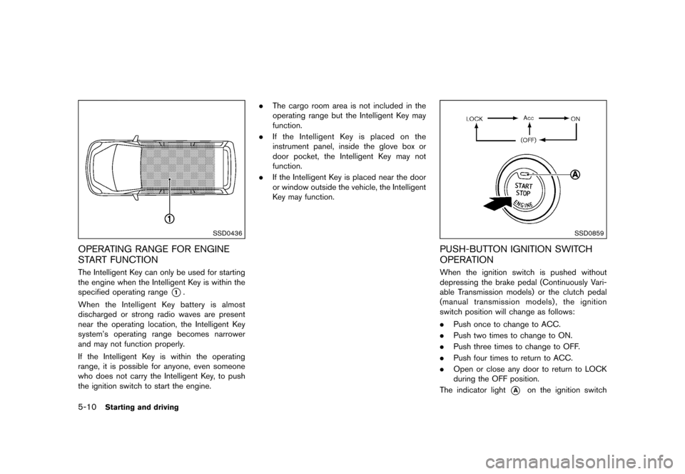 NISSAN JUKE 2015 F15 / 1.G Owners Manual  
������� 
�> �(�G�L�W� ����� ���� �0�R�G�H�O� �)�����@ 
5-10 
Starting anddriving 
SSD0436 
OPERA TINGRANGE FORENGINE
ST ART FUNCTION 
GUID-92477E FA-07C9-45 98-8D1A-D0B5C62E9 1