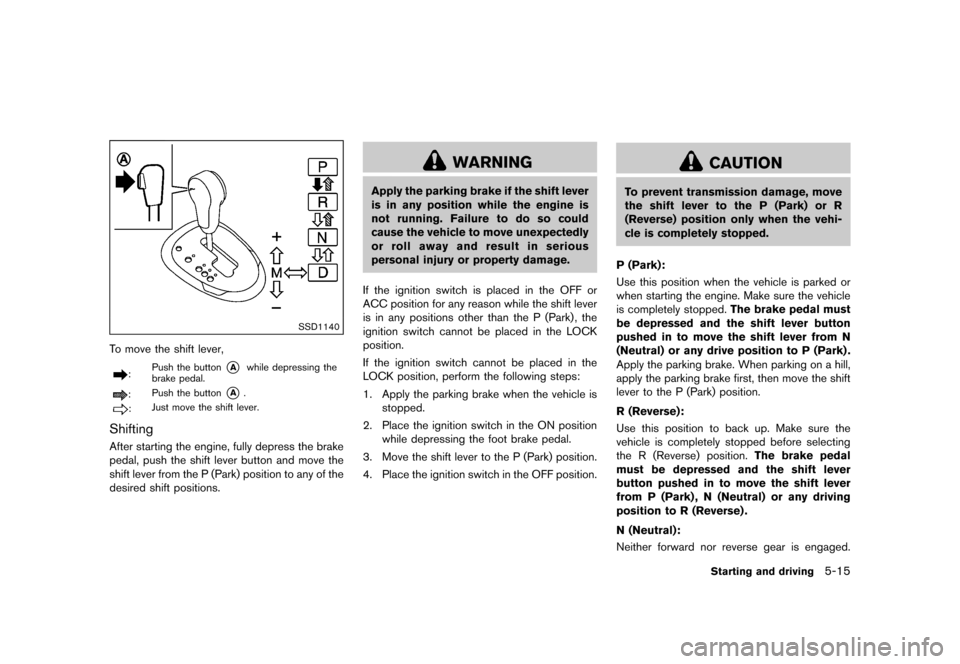 NISSAN JUKE 2015 F15 / 1.G Service Manual  
������� 
�> �(�G�L�W� ����� ���� �0�R�G�H�O� �)�����@ 
SSD1140 
T o move theshift lever, 
: Push
thebutton 
* 
A 
while depressing the
brake
pedal. 
: Push
thebutton 
* 
A 
. 
