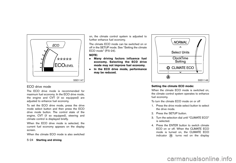 NISSAN JUKE 2015 F15 / 1.G Owners Manual  
������� 
�> �(�G�L�W� ����� ���� �0�R�G�H�O� �)�����@ 
5-24 
Starting anddriving 
SSD1147 
ECO drivemode 
GUID-10 A07907-CE 8F-47A6-BE BC-E458A0664066 
The ECO drivemode isreco