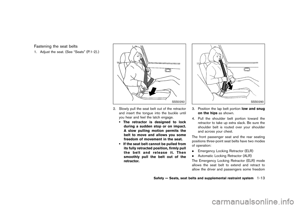 NISSAN JUKE 2015 F15 / 1.G Owners Manual  
������ 
�> �(�G�L�W� ����� ���� �0�R�G�H�O� �)�����@ 
Fastening theseat belts 
GUID-7A8 EC8B3-4437 -4D52-96D2-2DBE648 7FB7F 
1. Adjust theseat. (See ªSeatsº (P.1-2) .) 
SSS029
