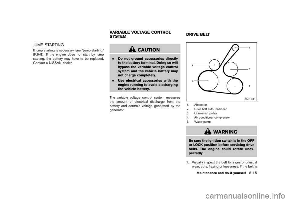 NISSAN JUKE 2015 F15 / 1.G Owners Manual  
������� 
�> �(�G�L�W� ����� ���� �0�R�G�H�O� �)�����@ 
JUMP STARTING 
GUID-C37 C3C0F-280C -4F1D-904A-46ACD5752008 
If jump starting isnecessary ,see ªJump startingº
(P .6-8) 