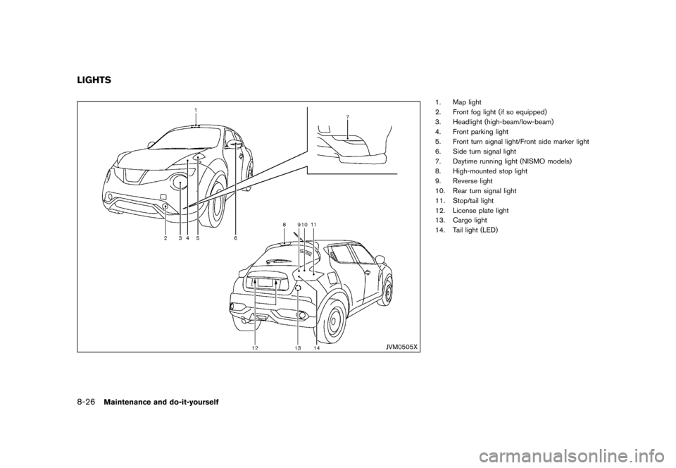 NISSAN JUKE 2015 F15 / 1.G Owners Manual  
������� 
�> �(�G�L�W� ����� ���� �0�R�G�H�O� �)�����@ 
8-26 
Maintenance anddo-it-yours elf 
GUID-23FC8 0BC-9A5D-4CDF-AF41 -4375212E 36BD 
JVM0505X 
1. Maplight
2. Front foglig