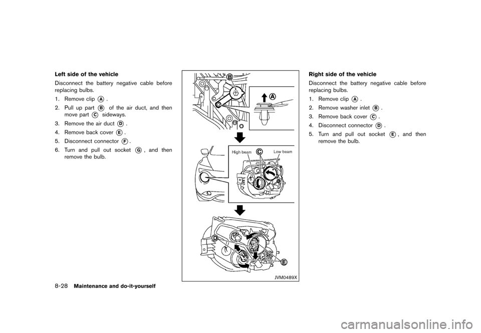 NISSAN JUKE 2015 F15 / 1.G Owners Manual  
������� 
�> �(�G�L�W� ����� ���� �0�R�G�H�O� �)�����@ 
8-28 
Maintenance anddo-it-yours elf 
Left side ofthe vehicle
Disconnect thebattery negative cablebefore
replacing bulbs.