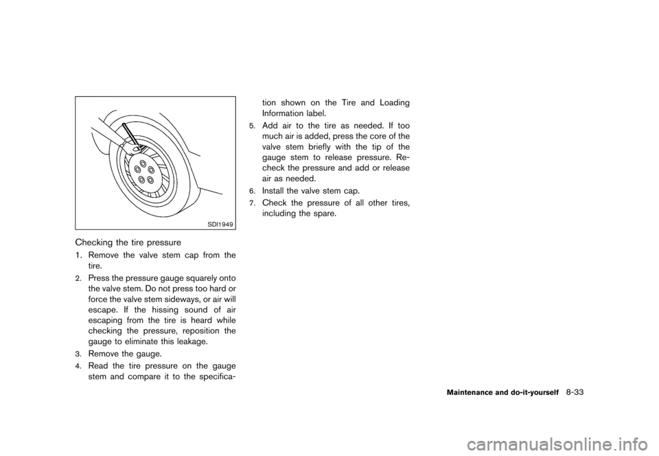 NISSAN JUKE 2015 F15 / 1.G Owners Manual  
������� 
�> �(�G�L�W� ����� ���� �0�R�G�H�O� �)�����@ 
SDI1949 
Checking thetire pressure 
GUID-EAF7 4098-BED3 -48BE-BFDE-9B3D9F2 41441 
1. Remove thevalve stemcapfrom the
tire