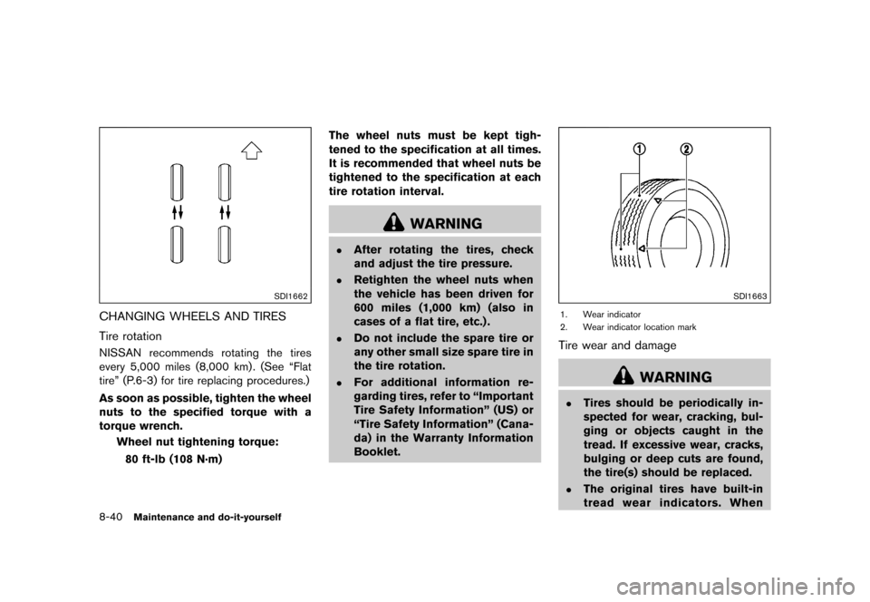 NISSAN JUKE 2015 F15 / 1.G Owners Manual  
������� 
�> �(�G�L�W� ����� ���� �0�R�G�H�O� �)�����@ 
8-40 
Maintenance anddo-it-yours elf 
SDI1662 
CHANGING WHEELSANDTIRES 
GUID-41BC 763C-419B-45A4-AD0 E-D41987D9B9CC 
Tire