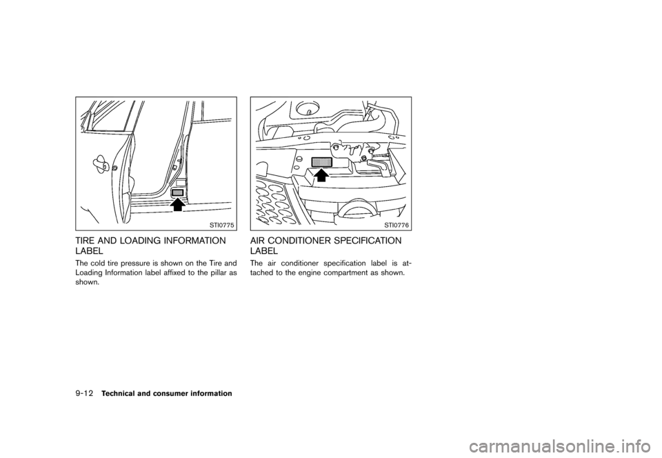 NISSAN JUKE 2015 F15 / 1.G Owners Manual  
������� 
�> �(�G�L�W� ����� ���� �0�R�G�H�O� �)�����@ 
9-12 
T echnical andconsumer information 
STI0775 
TIRE AND LOADING INFORMA TION
LABEL 
GUID-2C65 4792-1156-4465-816B-E01