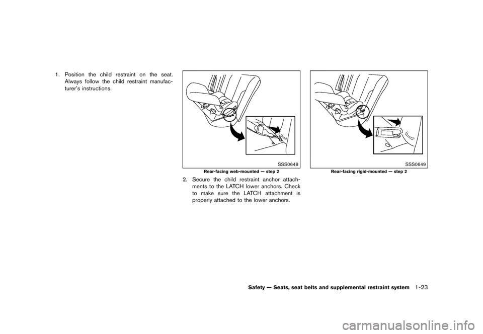 NISSAN JUKE 2015 F15 / 1.G Service Manual  
������ 
�> �(�G�L�W� ����� ���� �0�R�G�H�O� �)�����@ 
1. Position thechild restraint onthe seat.
Always followthechild restraint manufac-
turers
instructions. 
SSS0648 
Rear-fa