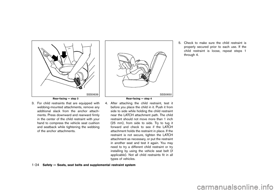 NISSAN JUKE 2015 F15 / 1.G Service Manual  
������ 
�> �(�G�L�W� ����� ���� �0�R�G�H�O� �)�����@ 
1-24 
Safety ÐSeats, seatbelts andsupplement alrestraint system 
SSS0639 
Rear-facing Ðstep 3 
3. For child restraints th