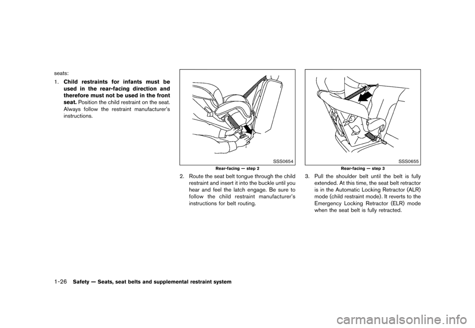 NISSAN JUKE 2015 F15 / 1.G Service Manual  
������ 
�> �(�G�L�W� ����� ���� �0�R�G�H�O� �)�����@ 
1-26 
Safety ÐSeats, seatbelts andsupplement alrestraint system 
seats:
1. Child restraints forinfants mustbe
used inthe r