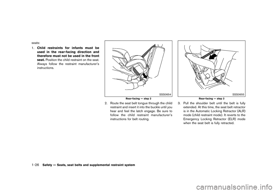 NISSAN JUKE 2015 F15 / 1.G Owners Manual  
������ 
�> �(�G�L�W� ����� ���� �0�R�G�H�O� �)�����@ 
1-26 
Safety ÐSeats, seatbelts andsupplement alrestraint system 
seats:
1. Child restraints forinfants mustbe
used inthe r