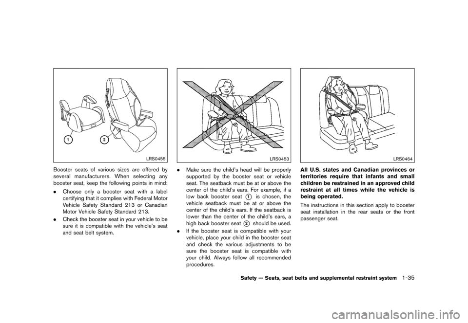 NISSAN JUKE 2015 F15 / 1.G Owners Manual  
������ 
�> �(�G�L�W� ����� ���� �0�R�G�H�O� �)�����@ 
LRS0455 
Booster seatsofvarious sizesareoffered by
several manufacturers. Whenselecting any
booster seat,keep thefollowing 