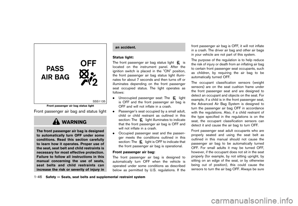 NISSAN JUKE 2015 F15 / 1.G Repair Manual  
������ 
�> �(�G�L�W� ����� ���� �0�R�G�H�O� �)�����@ 
1-46 
Safety ÐSeats, seatbelts andsupplement alrestraint system 
SSS1135 
Front passenger airbag status light 
Front passe