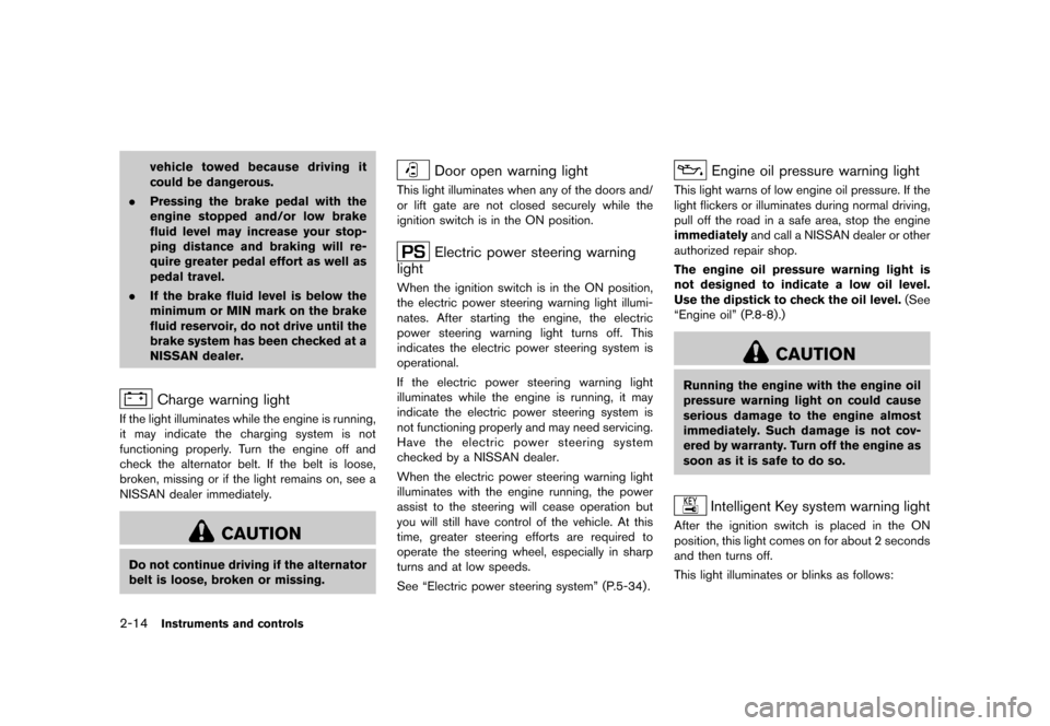 NISSAN JUKE 2015 F15 / 1.G User Guide  
������ 
�> �(�G�L�W� ����� ���� �0�R�G�H�O� �)�����@ 
2-14 
Instrument sand controls 
vehicle towedbecause drivingit
could bedangerous.
. Pressing thebrake pedalwiththe
engine s