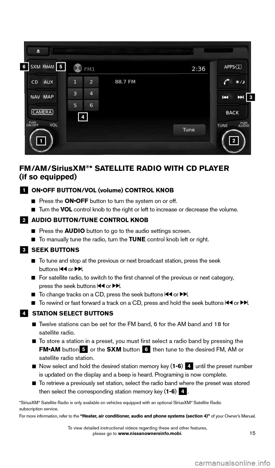 NISSAN JUKE 2015 F15 / 1.G Quick Reference Guide 15
21
56
3
FM/AM/SiriusXM®* SATELLITE RADIO WITH CD PLAYER  
(if so equipped)
1  ON•OFF BUTTON/VOL (volume) CONTROL KNOB
  
  Press the ON•OFF button to turn the system on or off.
  
   Turn  the